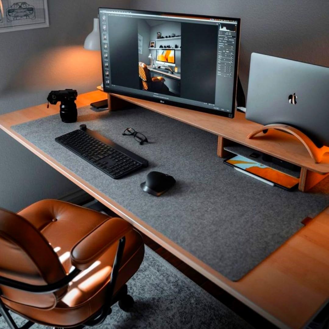 Felt Desk Mat - 31 x 15.7 Inches, Large Black Wool Desk Elbow Mouse Pad with Rugged Rubber Grip for
