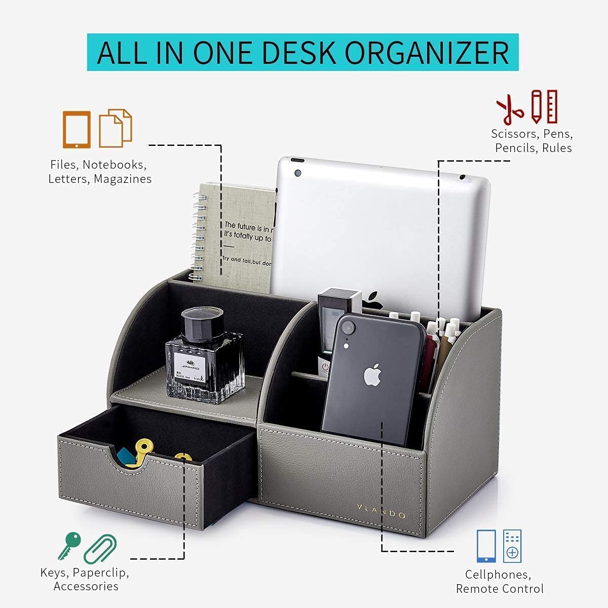 VLANDO Office Desk Organizer Leather Desktop Organizer Caddy with Drawer for Storing Desktop