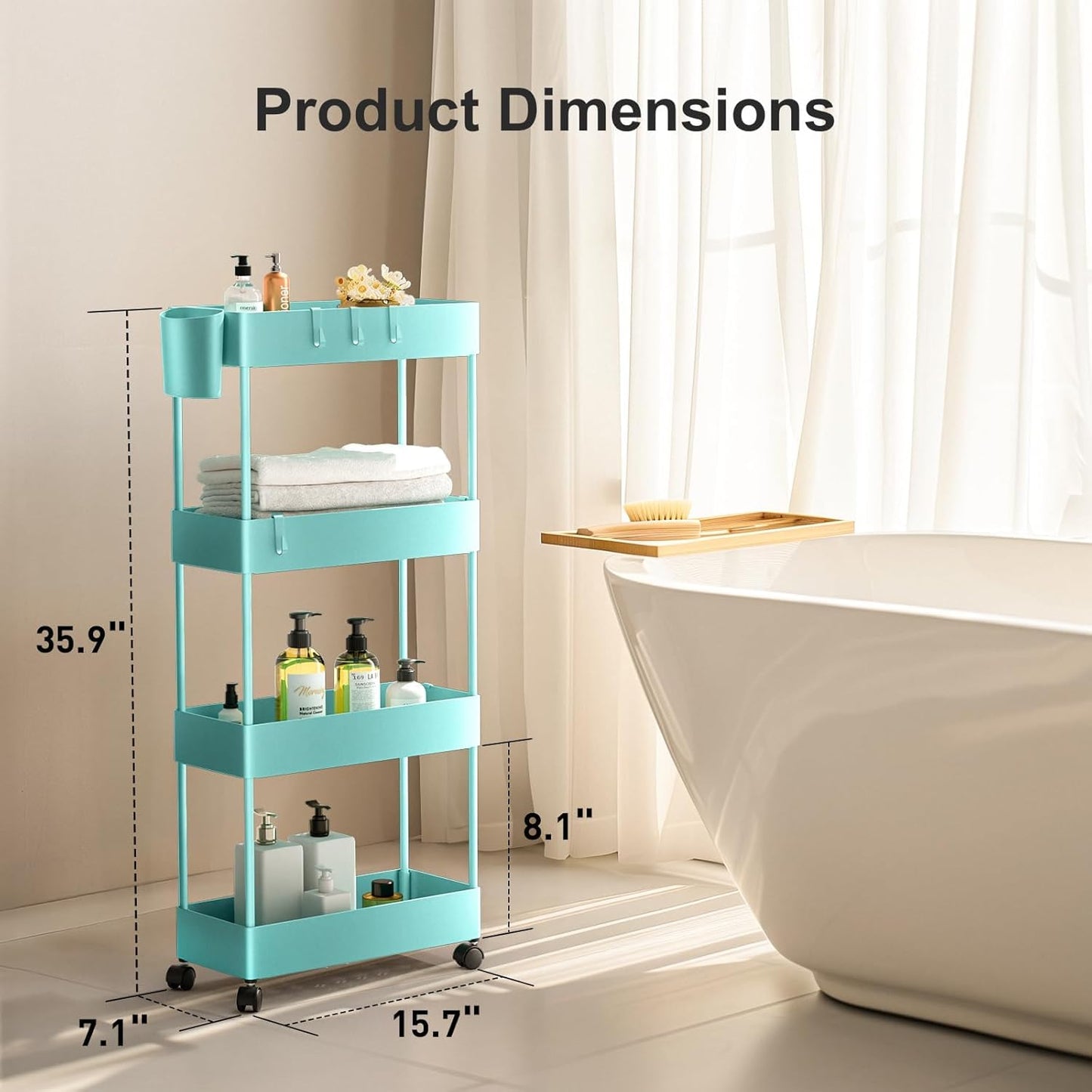 Pipishell 4 Tier Slim Storage Cart with Wheels, Laundry Cart, Turquoise