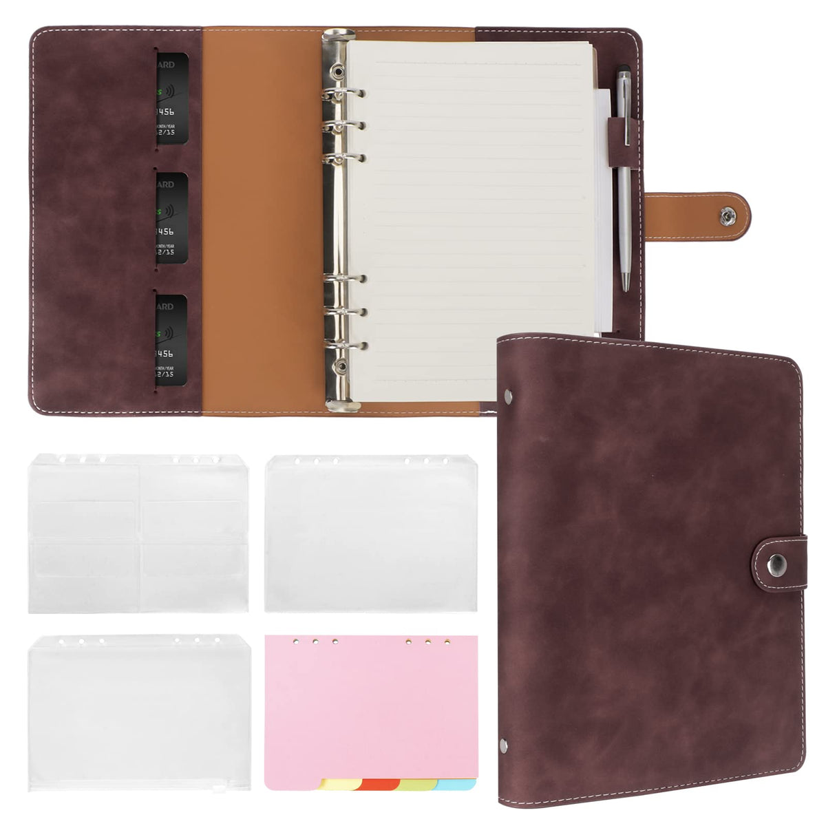 FYY A5 Binder Refillable Planner Notebook 6 Ring, Dark Brown