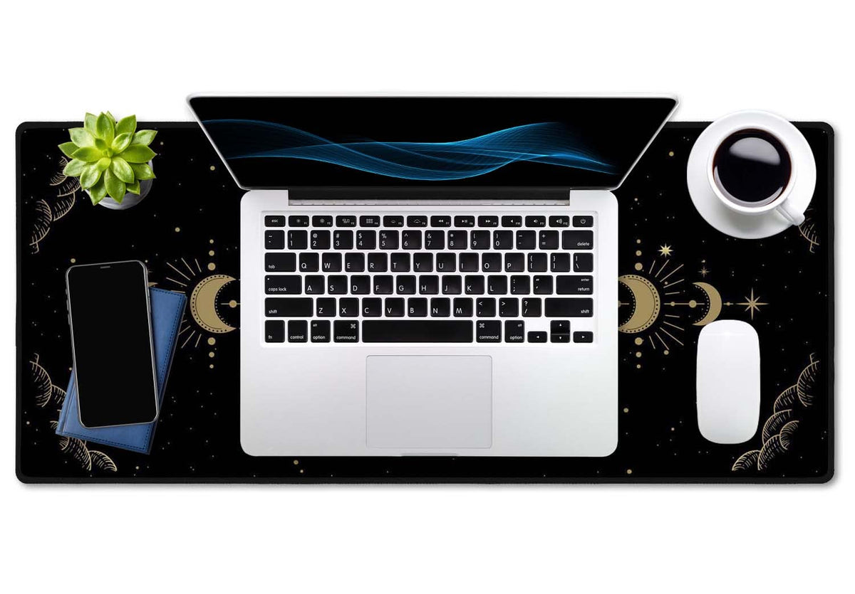 SSOIU Moon Phase Desk Mat, XXL Gold Moon Cycle Lunar Chart, Stars Horoscope Zodiac Extended Gaming