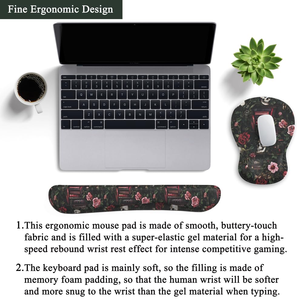 Gothic Skull Rose Ergonomic Mouse Pad with Wrist Rest & Keyboard Wrist Support Set - Non-Slip