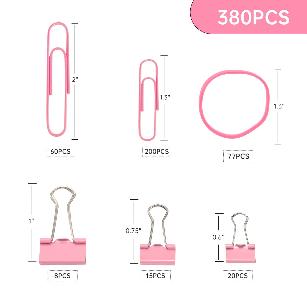 DANRONG Pink Binder Clips Paper Clips,380 PCS Assorted Sizes Paperclips