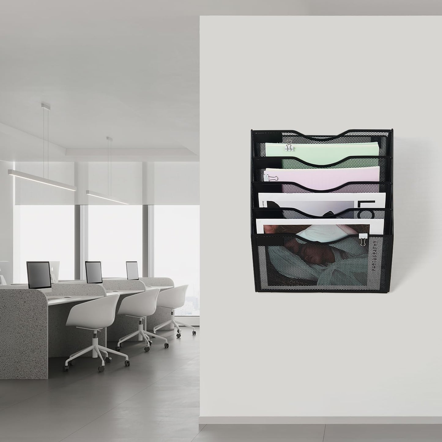 LEKETREE Wall File Organizer with Office Assorted, 5 Pockets Mesh Wall Mounted Hanging Files