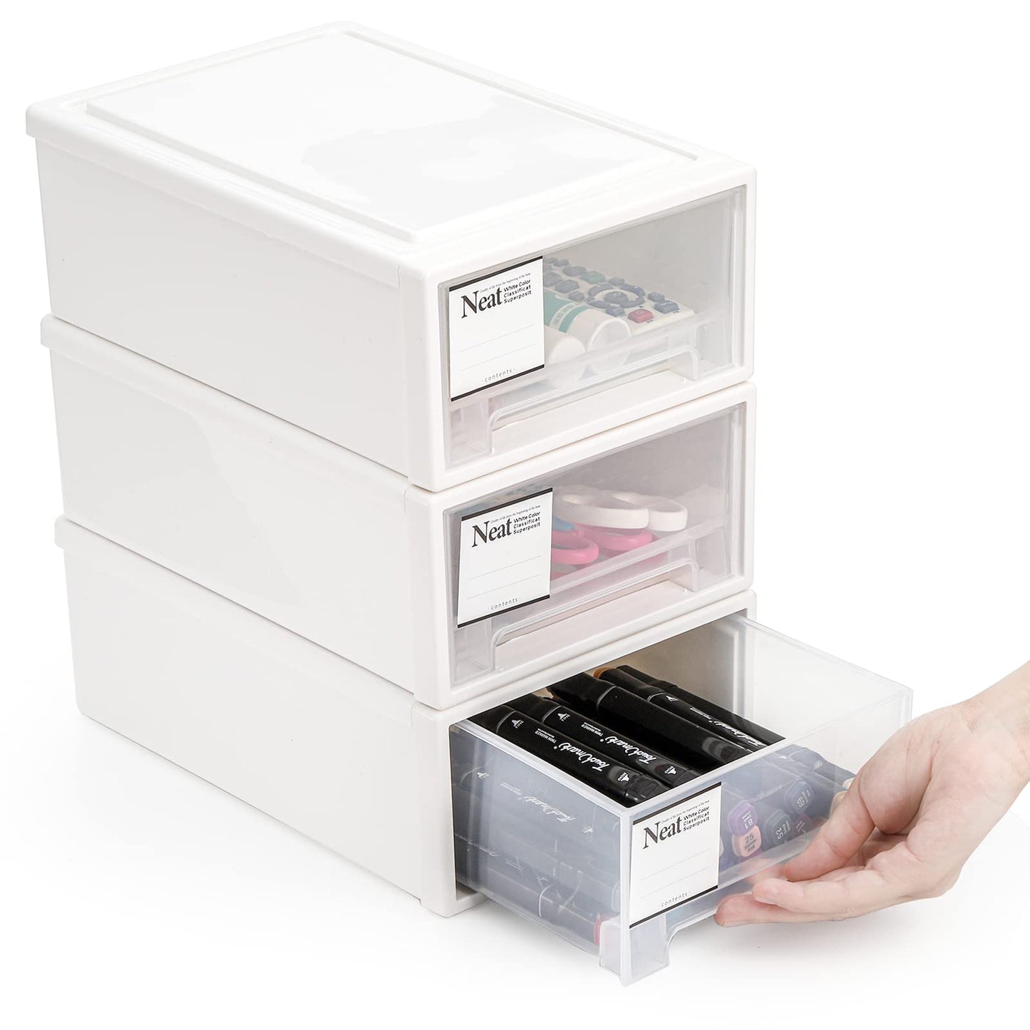 ZENFUN 3 Pack Plastic Stackable DrawerStorage Drawers Bins, Small Drawer-type Desk Organizer Boxes