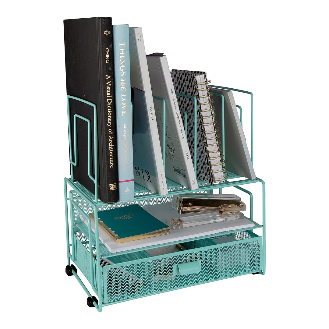 BLU MONACO Mint Green Desk Organizer With File Sorters and Drawer | Metal Mesh Desktop Storage for