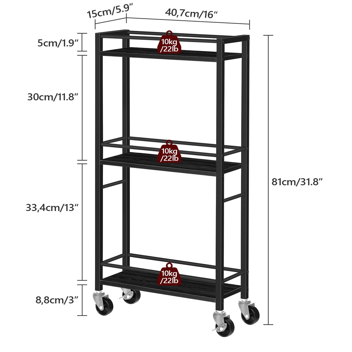 MAHANCRIS Slim Rolling Cart, Mobile Kitchen Cart on Wheels, Narrow Storage Cart for Small Space