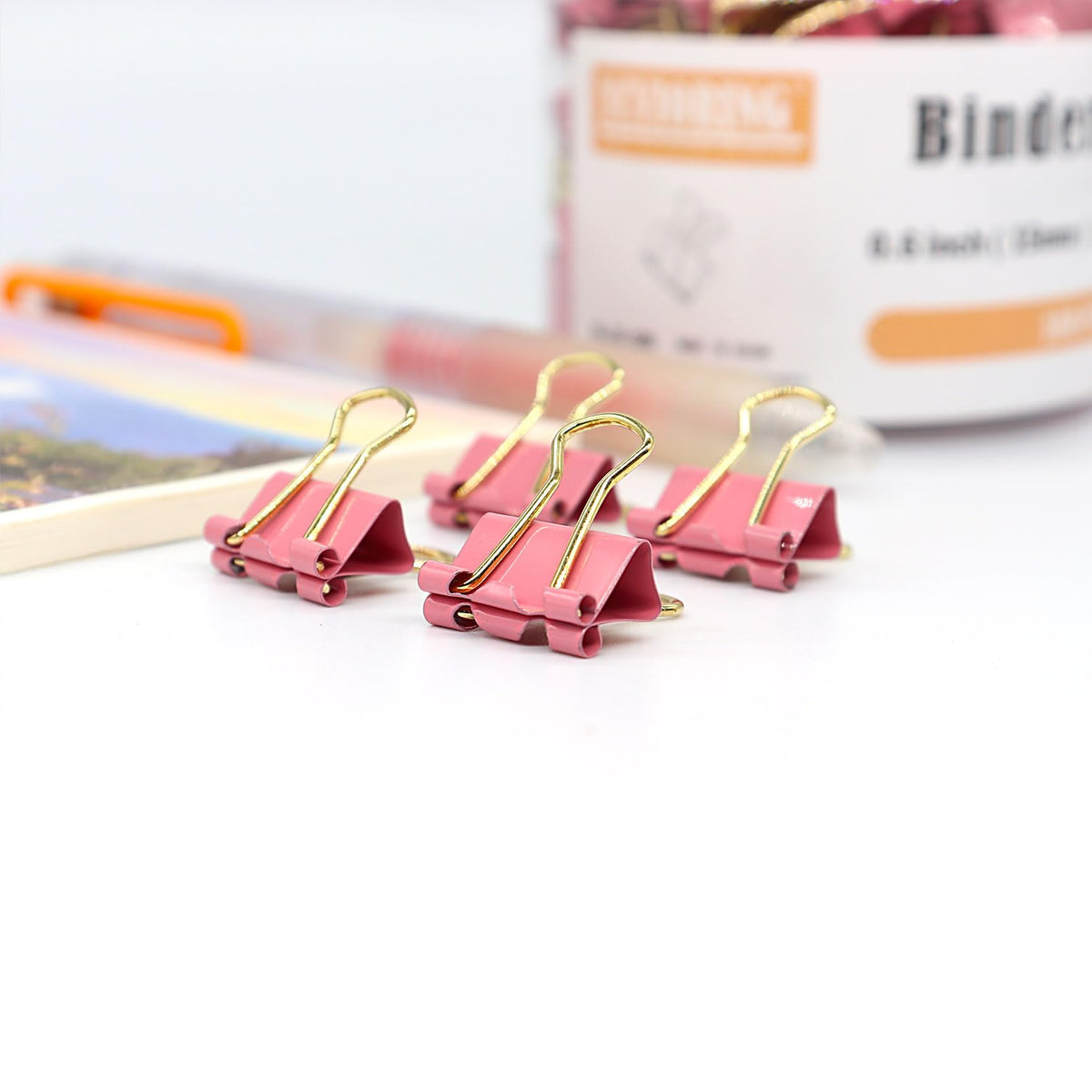 Pink Binder Clips, Gold Handles Mini Paper Clip, Small Paper Clamps 15mm (5/8 inch), 100 Pack Micro