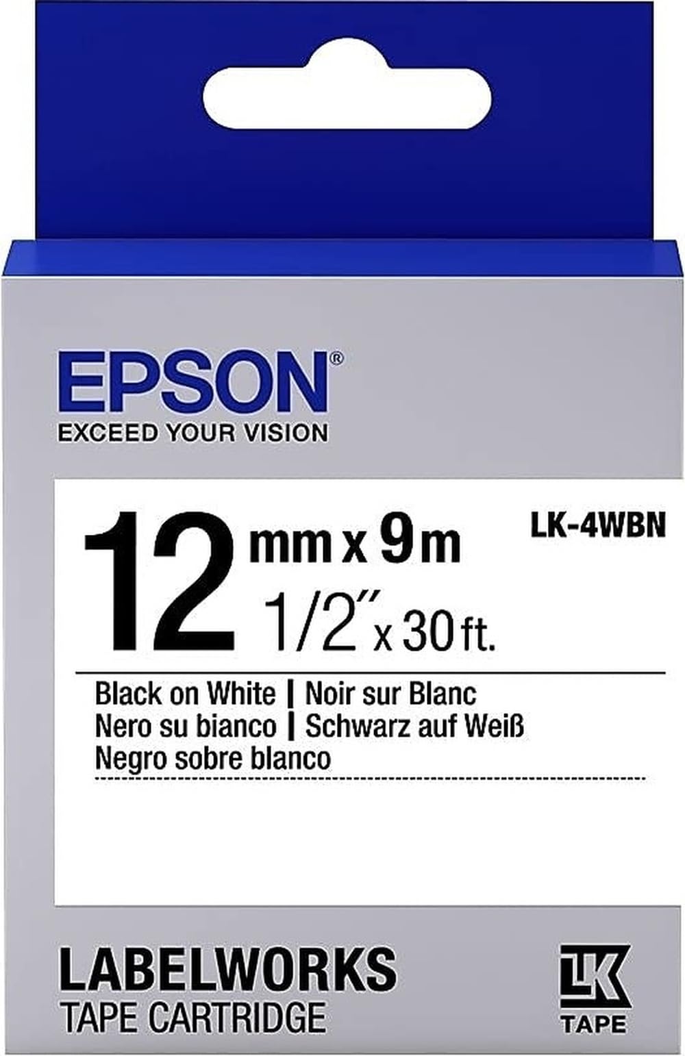 Epson LabelWorks Standard Tape Cartridge ~1/2" Black on White (LK-4WBN) - for use with LW-300, 400