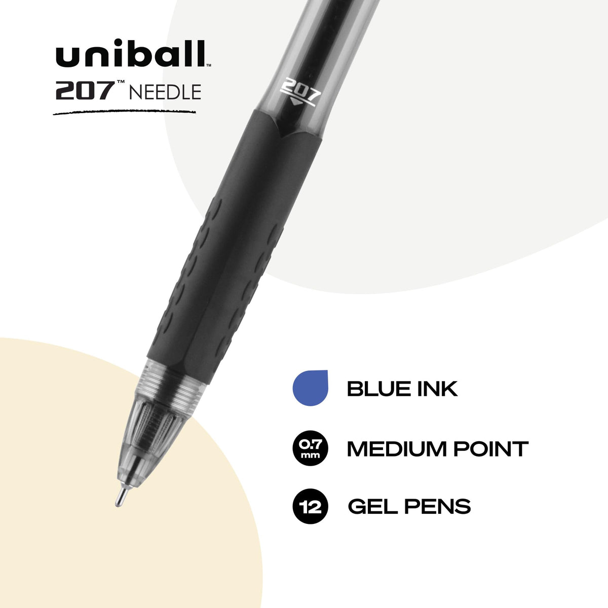 uniball™ 207 Needle Gel Pens, Medium Point (0.7mm), Blue, 12 Pack