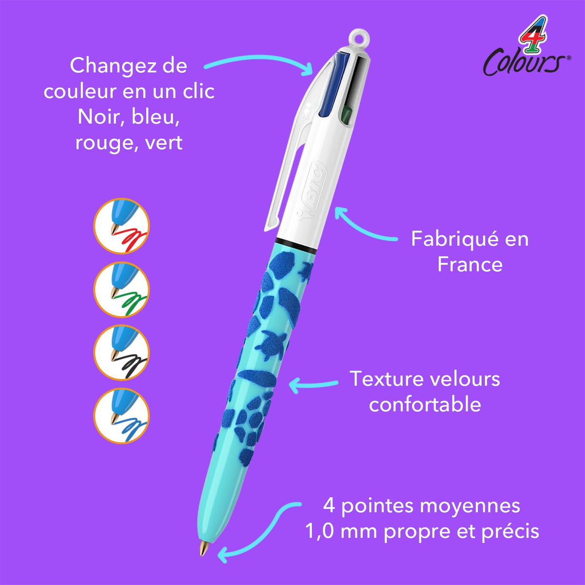 BIC 4 Colours Velours Ball Pens Medium Points (1.00 mm) Sea Life Theme - 3 Assorted Designs, Pack