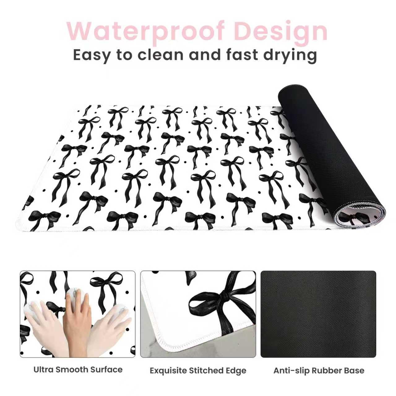 White Black Bows Mouse Pad, Desk Mat Keyboard Mat for Computer 35.4x15.7in