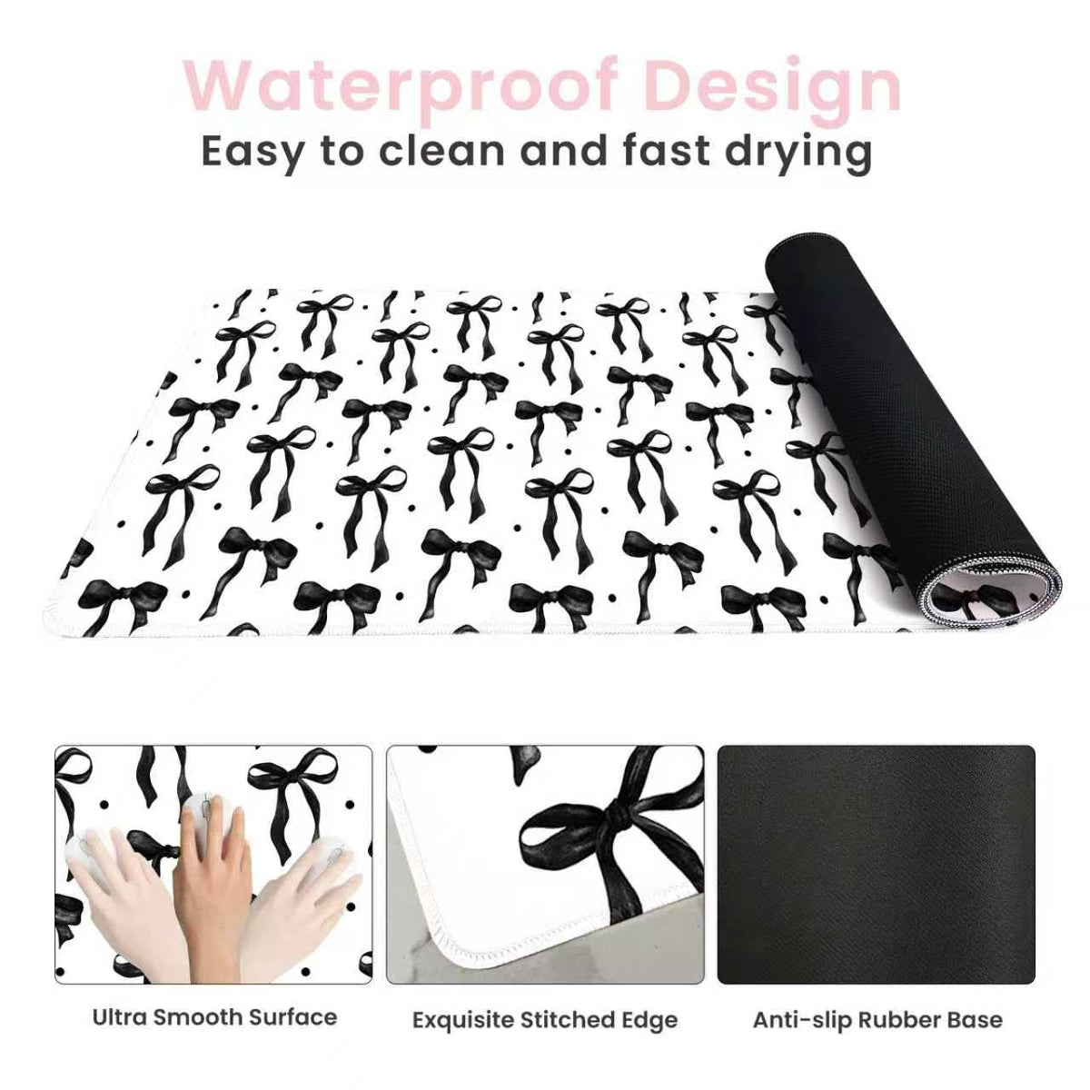 White Black Bows Mouse Pad, Desk Mat Keyboard Mat for Computer 35.4x15.7in