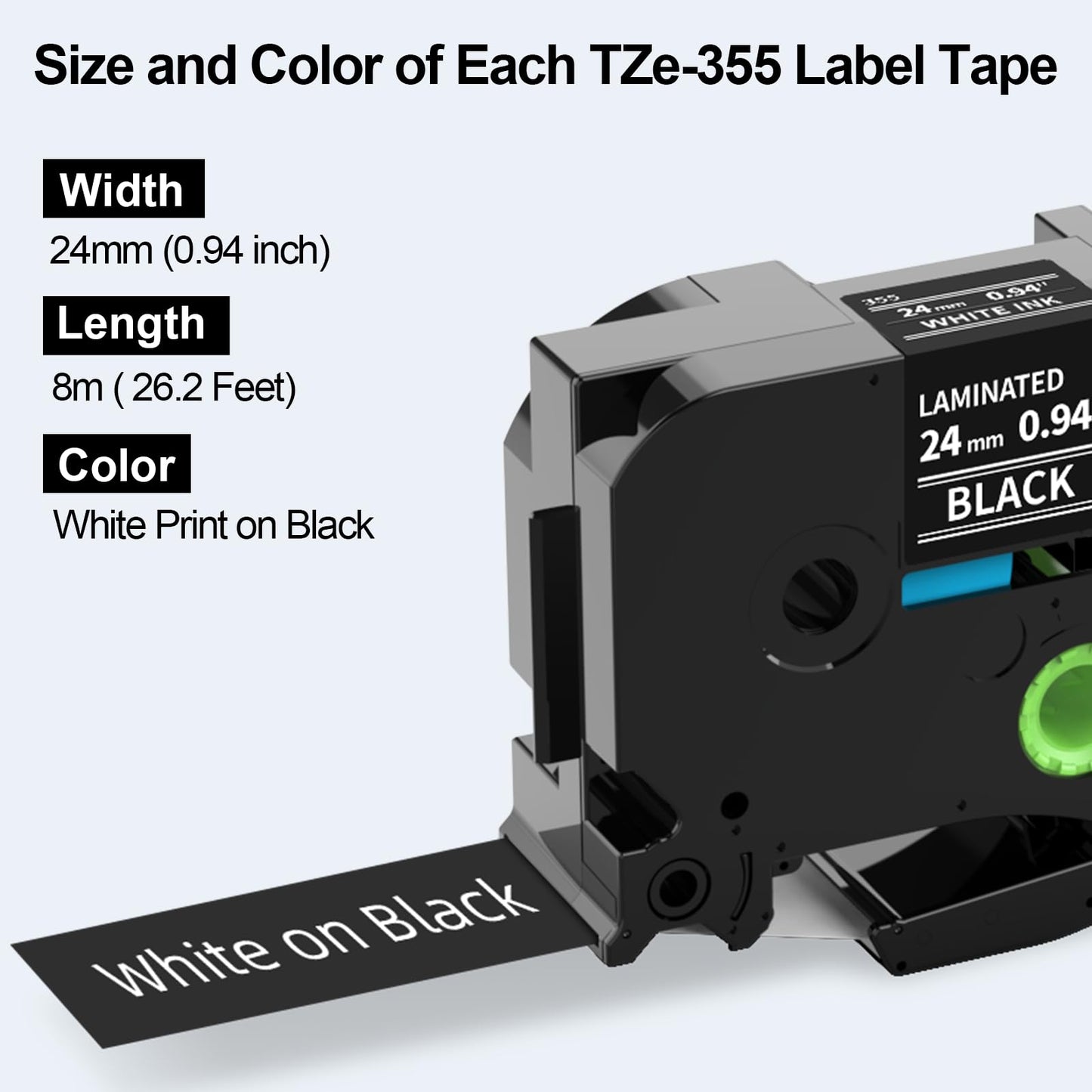 24mm Black Label Tape TZe-355 Replacement for Brother P Touch TZe TZ Tape