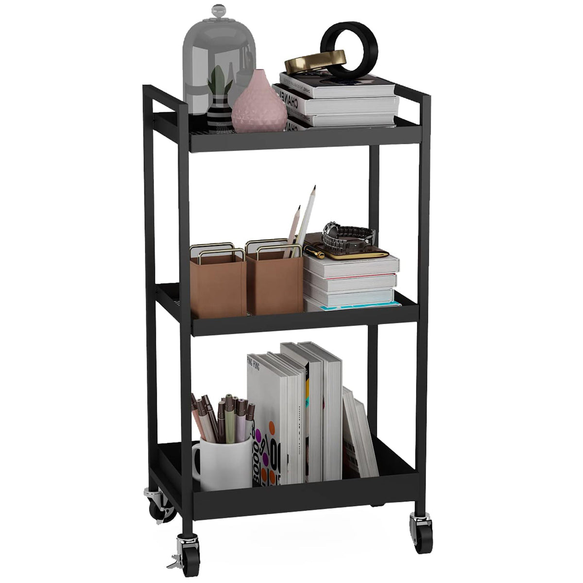 3-Tier Metal Utility Rolling Cart, Heavy Duty Multifunction Rectangular Cart with Lockable Casters