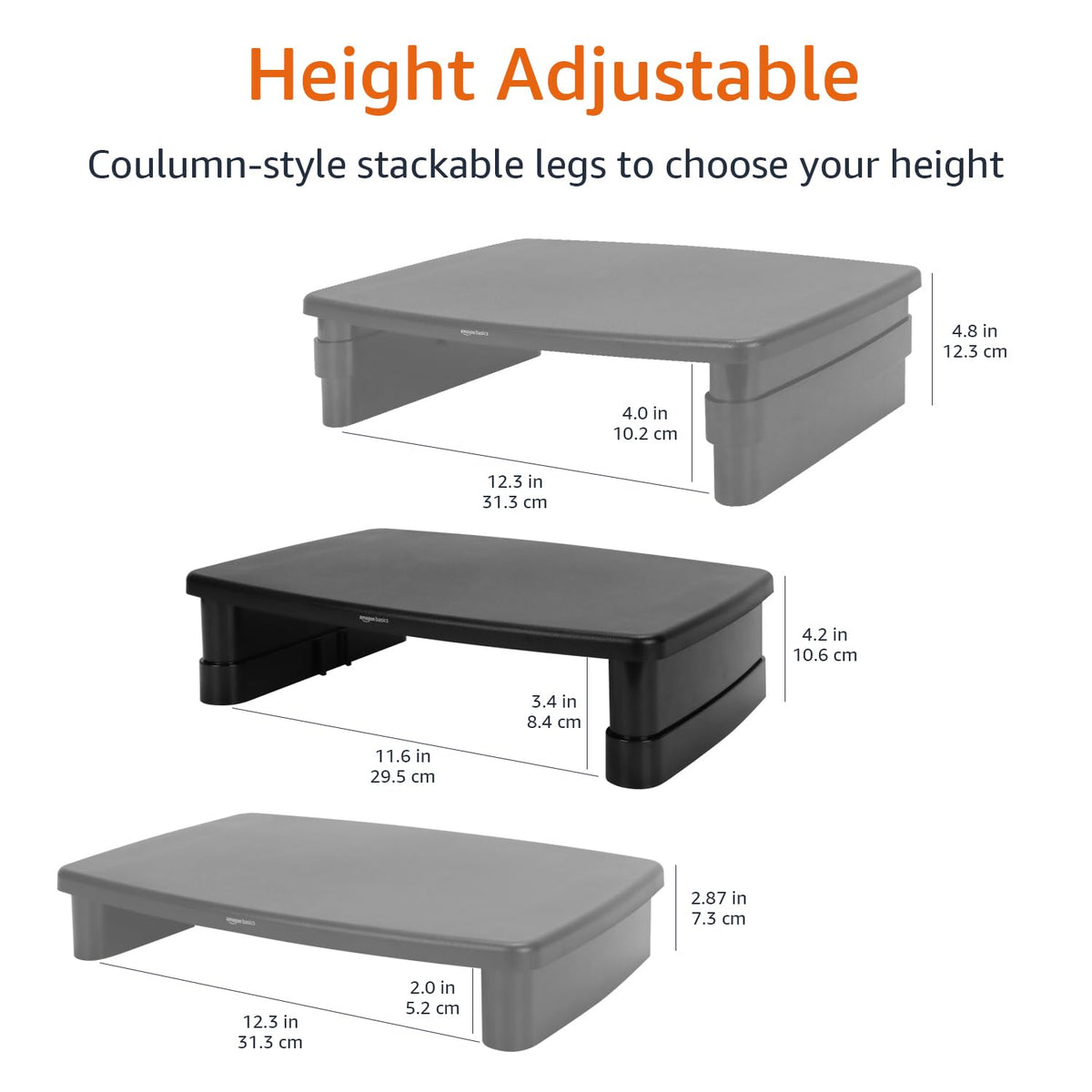 Amazon Basics Height Adjustable Monitor Stand Riser with Storage Organizer, 3-Level Stackable