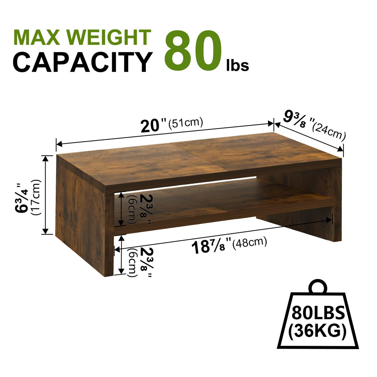 TEAMIX 20 inch Monitor Riser Stand - 2 Tiers, Wood Rustic Desktop Bookshelf
