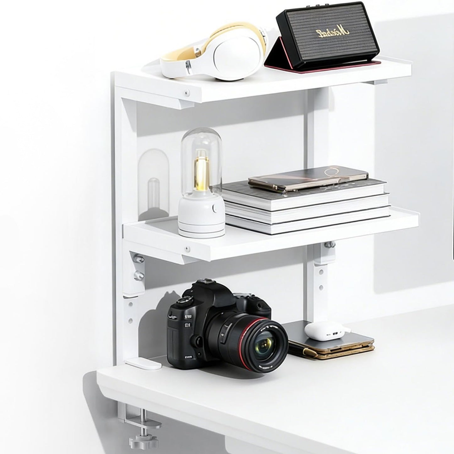 Spacrea Clamp on Desk Shelf, 2 Tier Office Desk Shelves Organizer, Wood Desktop Supplies Storage