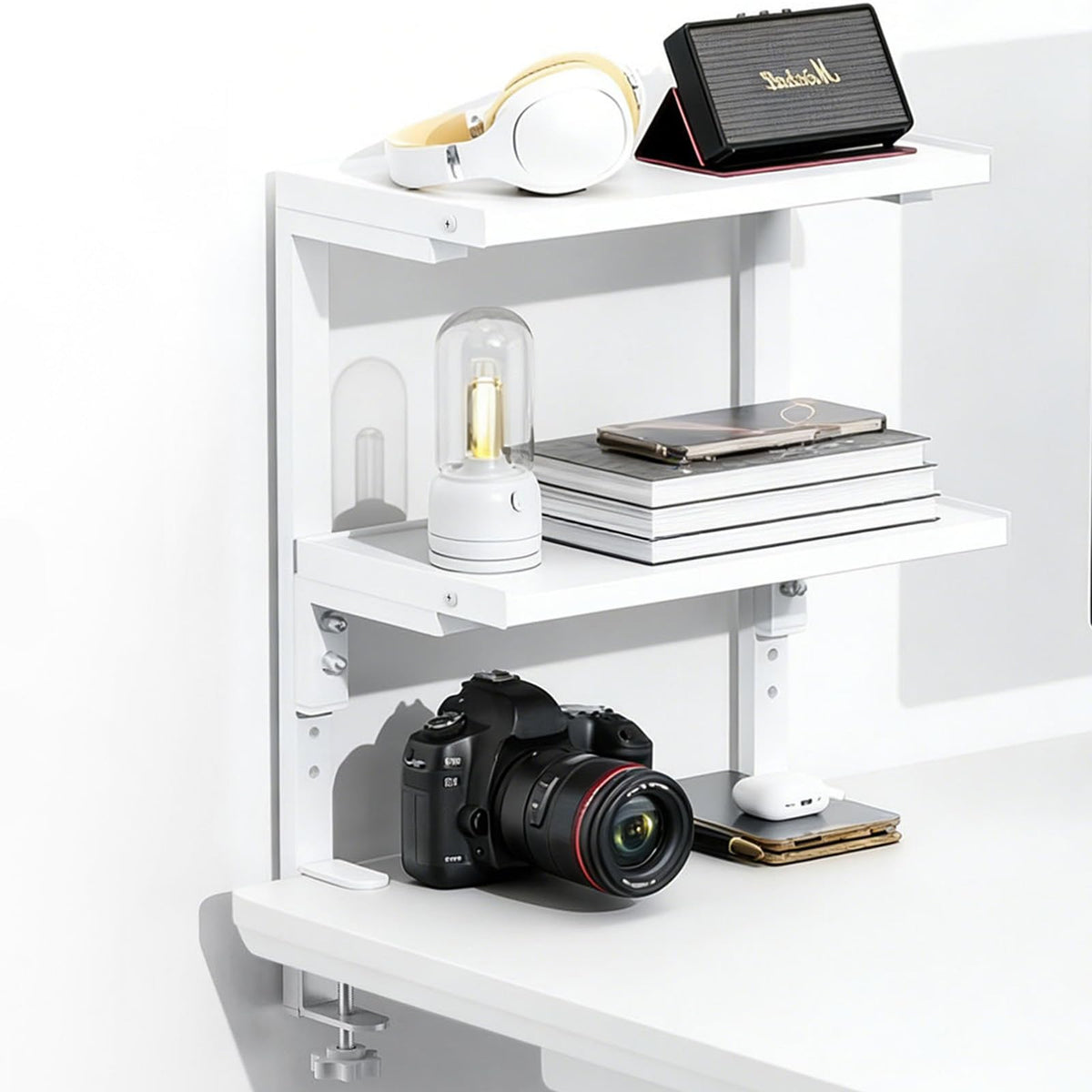 Spacrea Clamp on Desk Shelf, 2 Tier Office Desk Shelves Organizer, Wood Desktop Supplies Storage