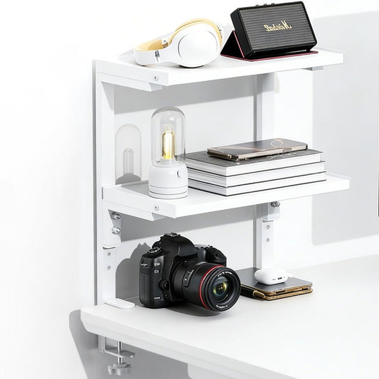 Spacrea Clamp on Desk Shelf, 2 Tier Office Desk Shelves Organizer, Wood Desktop Supplies Storage