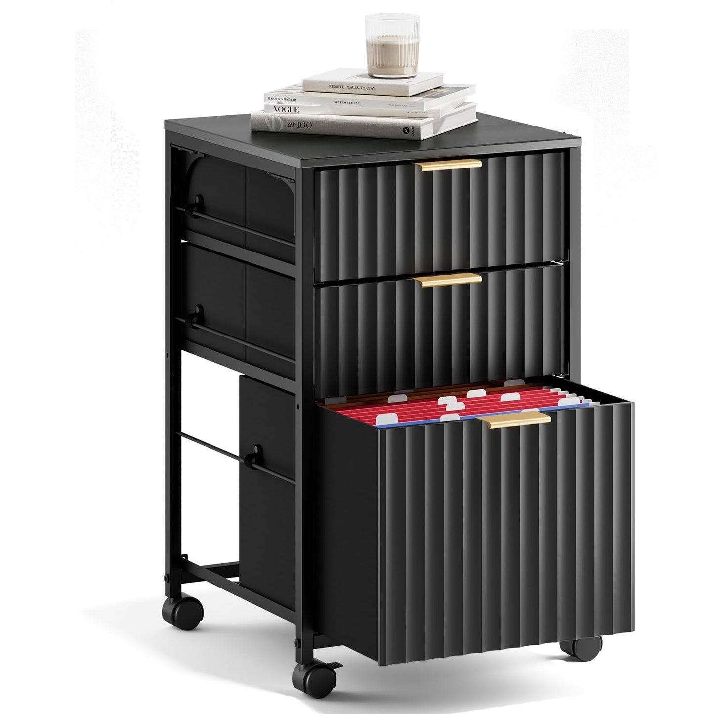 Bonnlo 3 Drawer Fluted File Cabinet, Rolling File Cabinet Mobile Under Desk File Cabinet with