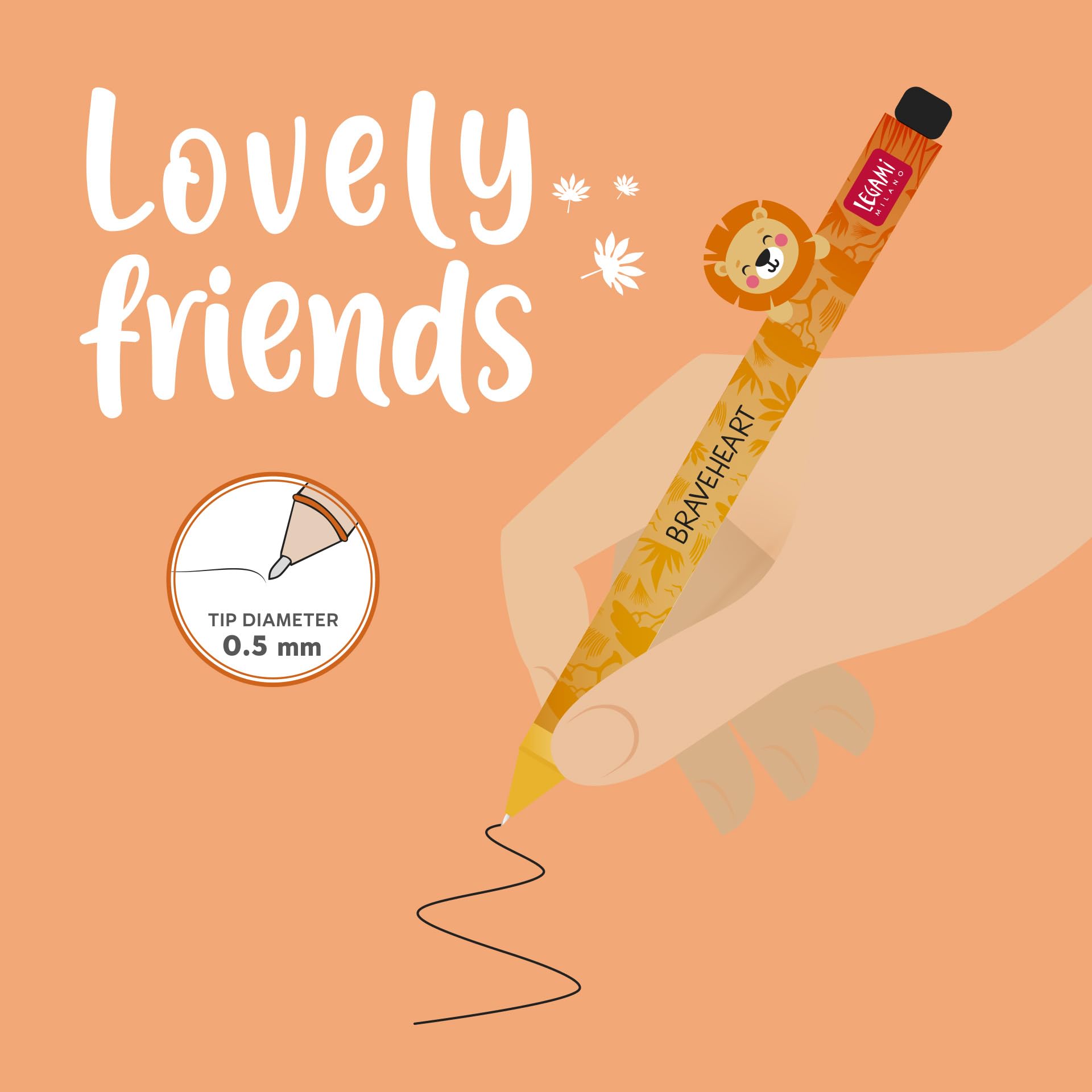 Legami - Gel Pen with Decorative Animal - Lovely Friends, Lion Theme, Avoid Rolling, Black Ink