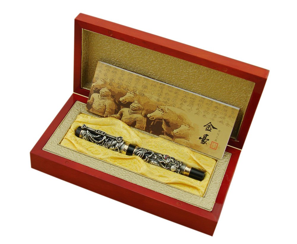 Jinhao Dragon Phoenix Fountain Pen Fine Writing Luxury Case Set Vintage Black Collection with Ink