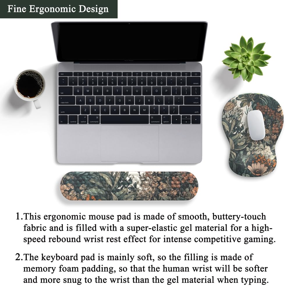 Boho Aesthetic Mouse Pad with Wrist Rest Keyboardpad Vintage Wildflowers Wrist Rest for Computer