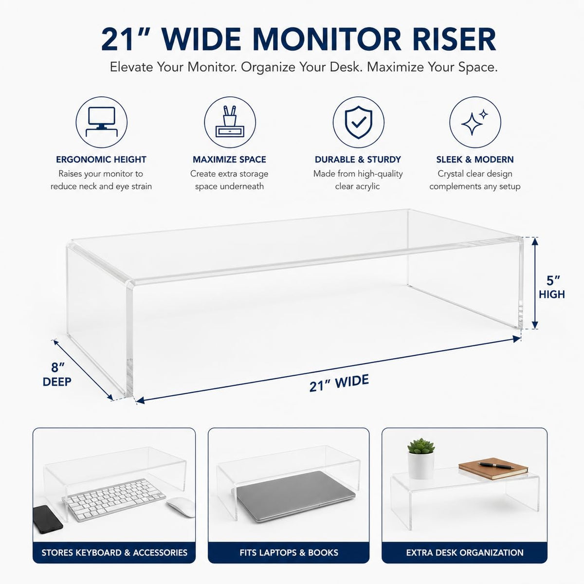 Azar 515360 Acrylic Monitor Stand Riser – Made in USA Laptop stand and Monitor Riser Acrylic