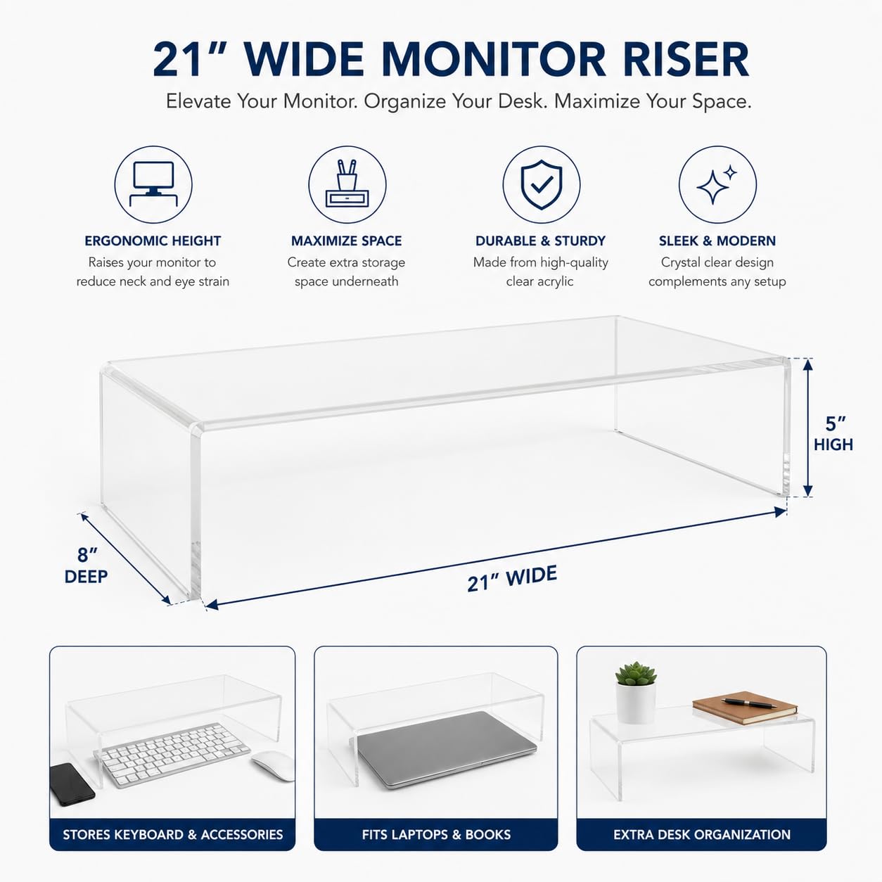 Azar 515360 Acrylic Monitor Stand Riser – Made in USA Laptop stand and Monitor Riser Acrylic