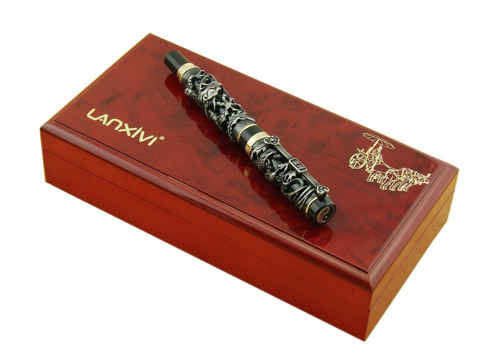 Jinhao Dragon Phoenix Fountain Pen Fine Writing Luxury Case Set Vintage Black Collection with Ink