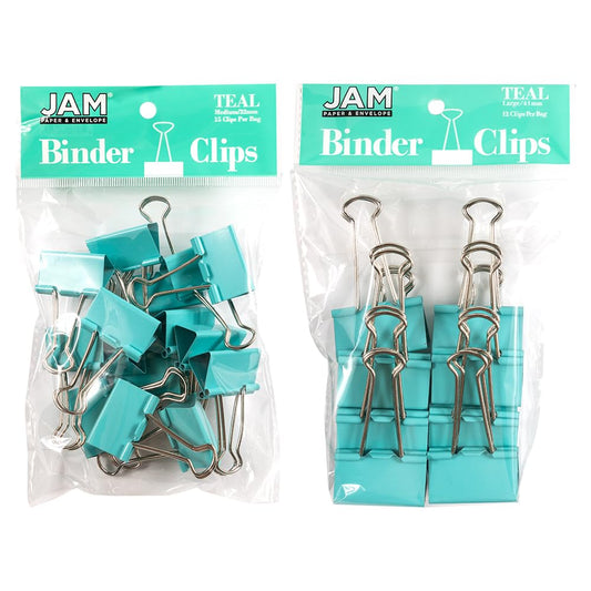 JAM PAPER Colorful Binder Clips Assortment - Medium & Large Size - Teal Binderclips - 27 Clips/Pack