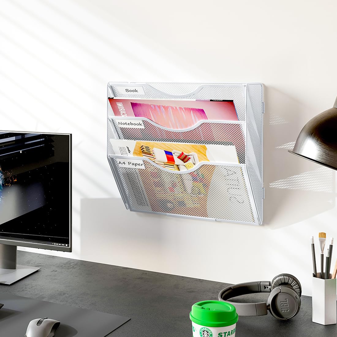 PAG-Mass Hanging Wall File Holder, 3 Tier Mail Sorter for Wall, Mesh Office Wall Organizer for
