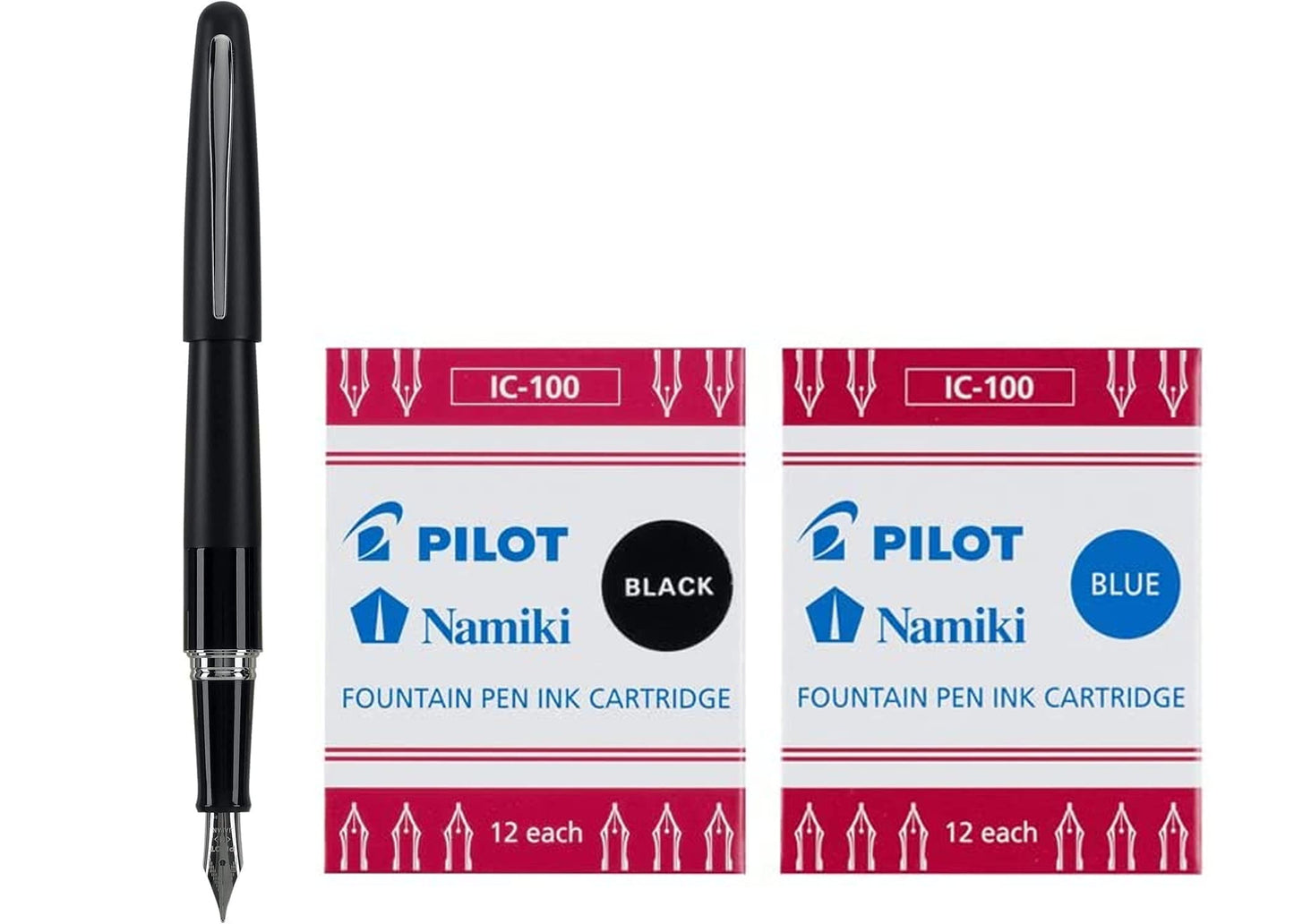 PILOT Metropolitan Collection Fountain Pen, Black Barrel, Classic Design, Medium Nib, With 12 Black