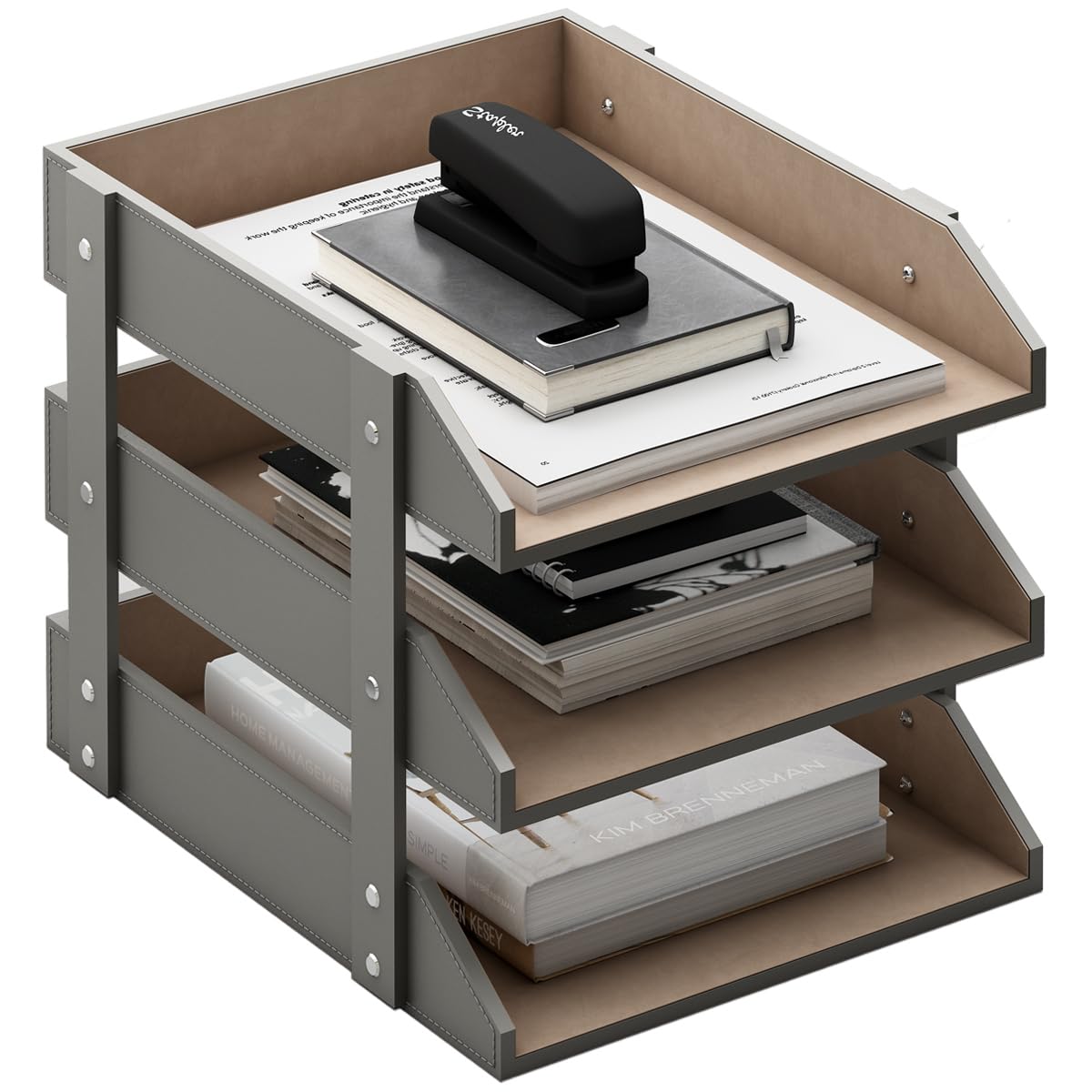 Leather Desk Organizer, Thipoten 3-Tier Stackable Letter Tray Holder for Office Supplies, Paper