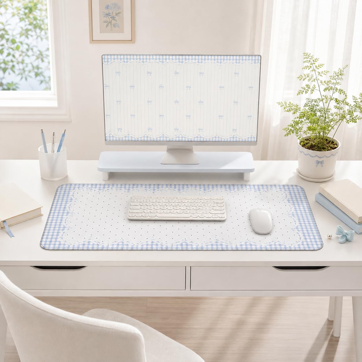 Nasdalgias Blue White Desk Mat -31.5x15.7in-Checkered Wavy Polka dots for Office Study Gaming Work