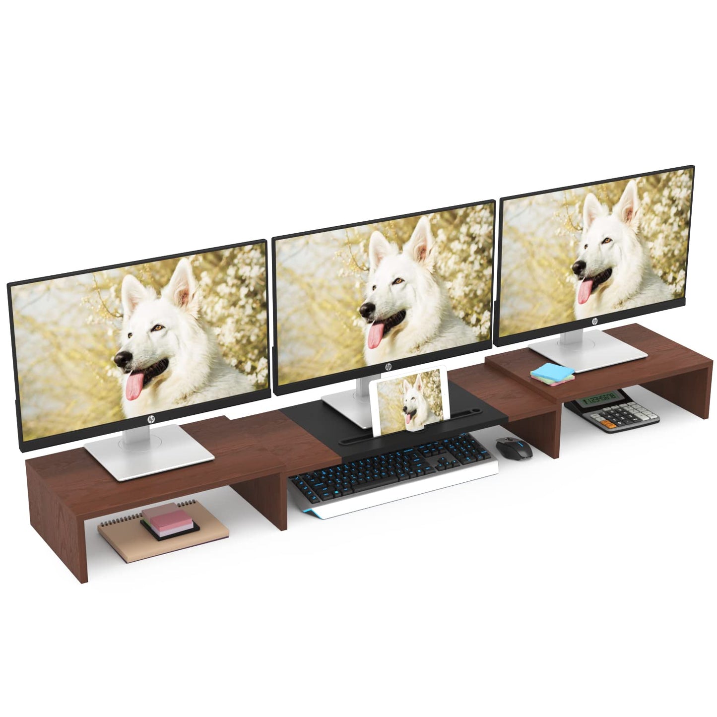 WESTREE Triple Monitor Stand Riser - Extra Long, Adjustable Length & Angle, 3 Shelf Desktop Storage