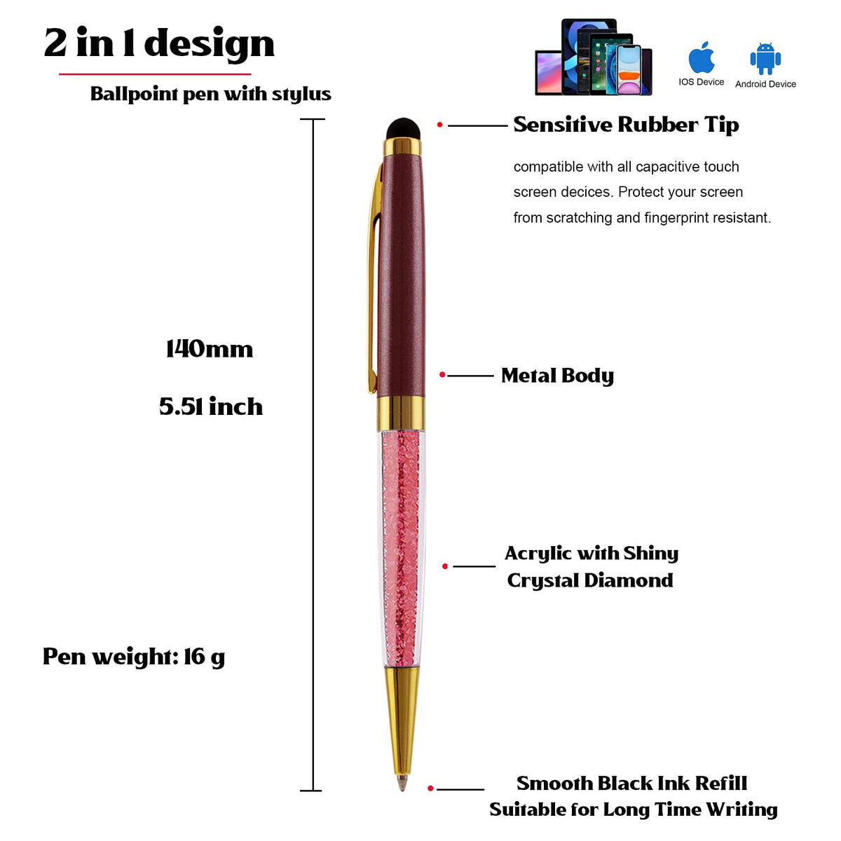 Engraved Pens Business Pen with Stylus Tip Crystal Black Ink Refills Pens