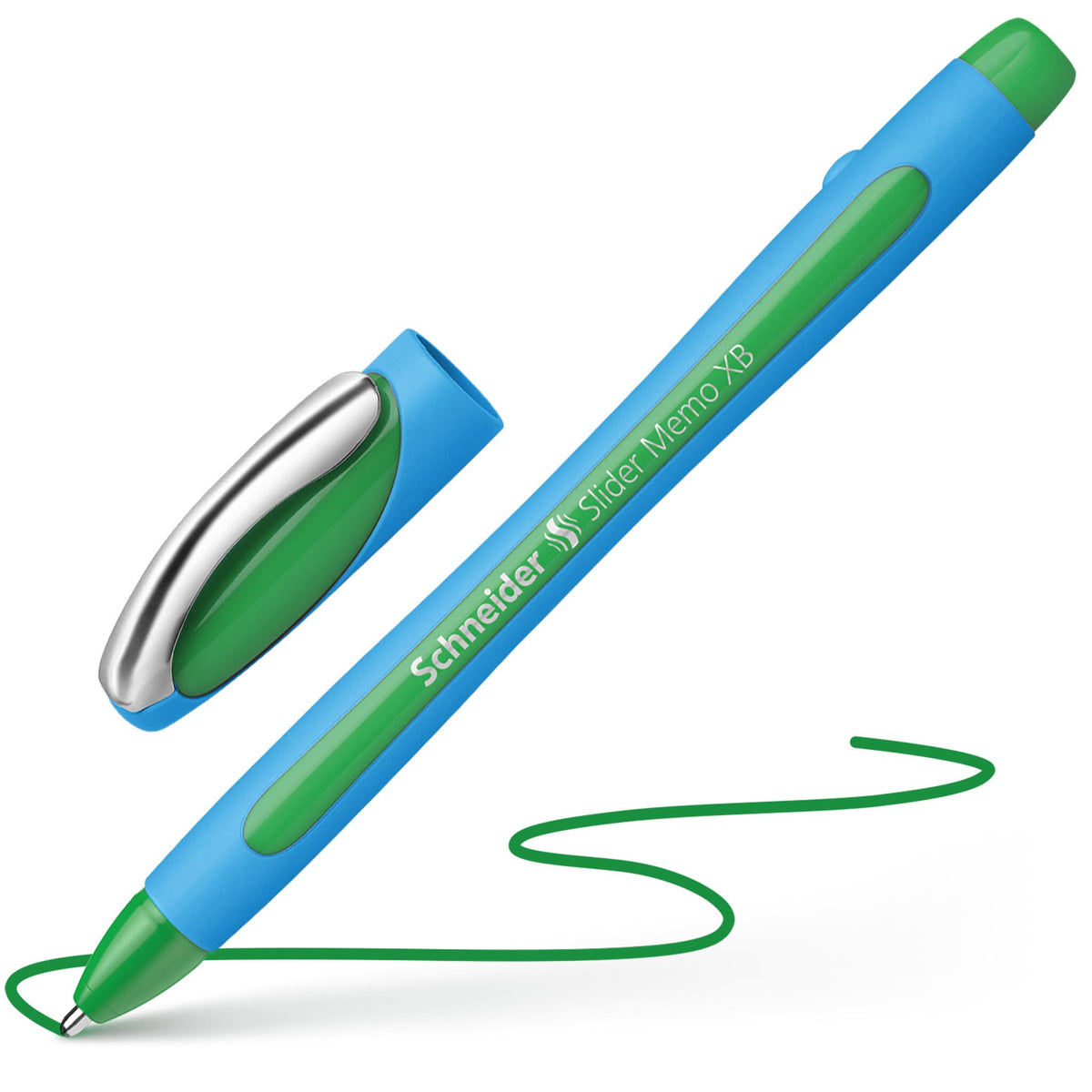 Schneider Slider Memo XB (Extra Broad) Ballpoint Pen, 1.4 mm, Light Blue Barrel, Green Ink, Box of