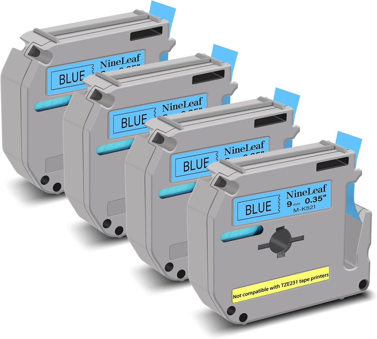 NineLeaf 4 Pack Compatible for ptouch M Label Tape MK521 M-K521 M521 Black on Blue 3/8" (9mm) x