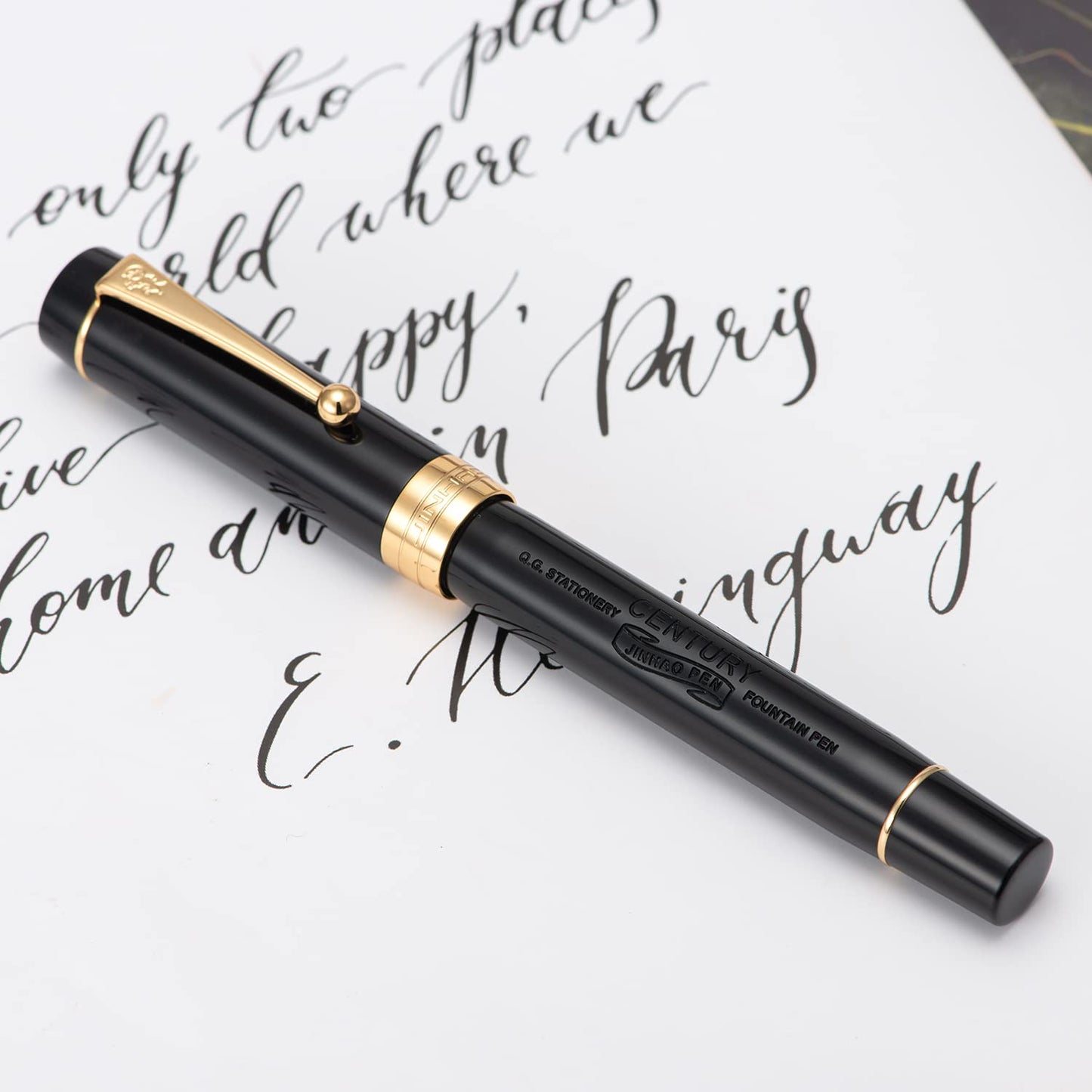 Classic Fountain Pen Vivid Black Celluloid with Jinhao Stamp, Medium Nib with Conveter and Pen Case