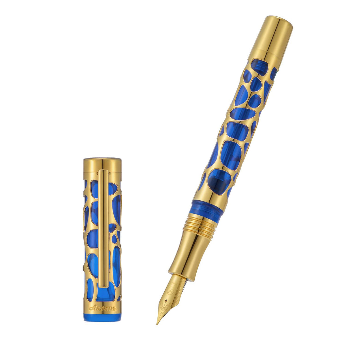 Asvine V169 Vacuum Filling Fountain Pen Medium Nib, Water Drop Skeleton Gold Trim Transparent Blue