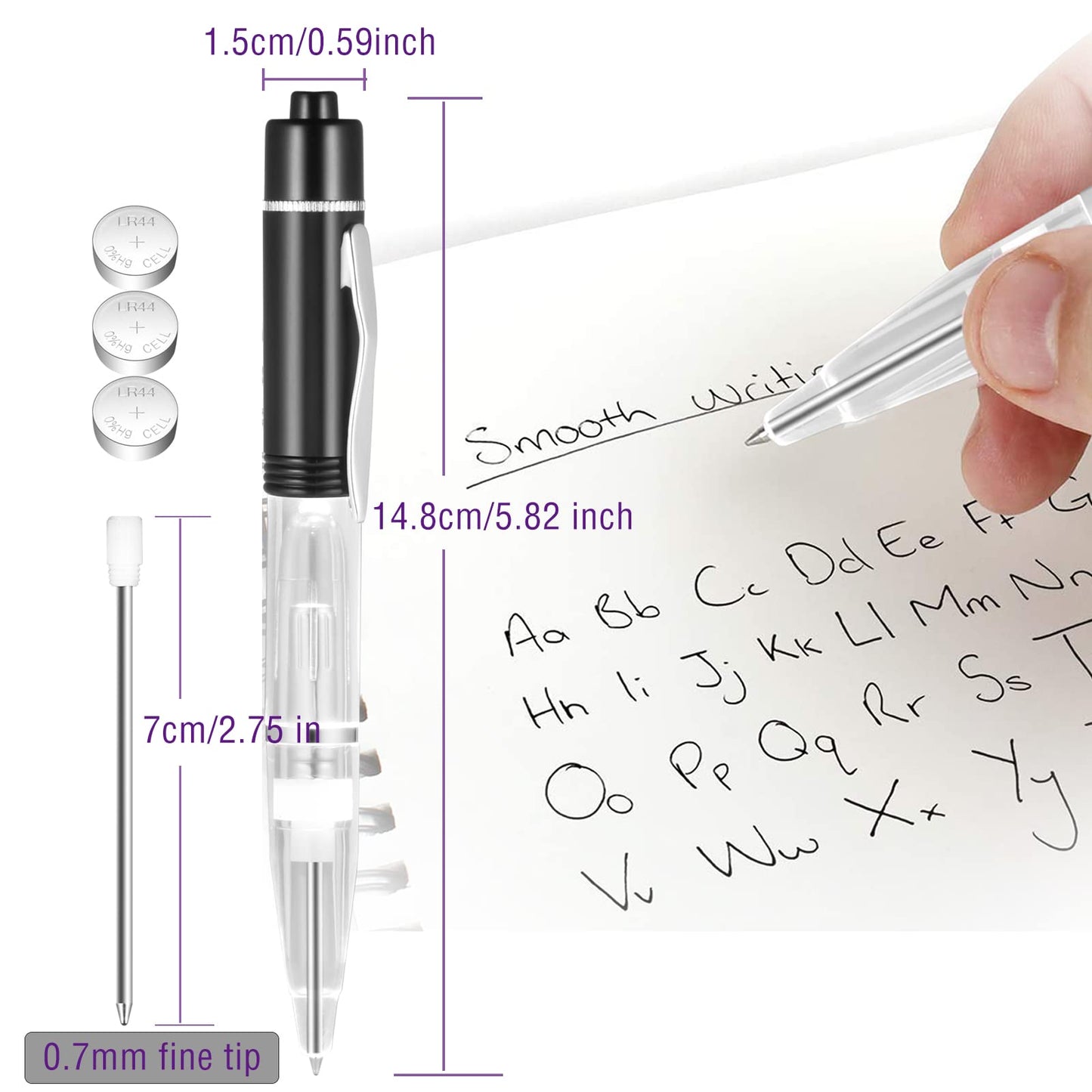 GS GLOWSEEN LED Pen With Light (5cts/Pack), Light Up Pens for Night Writing, 0.7mm Fine Point Black