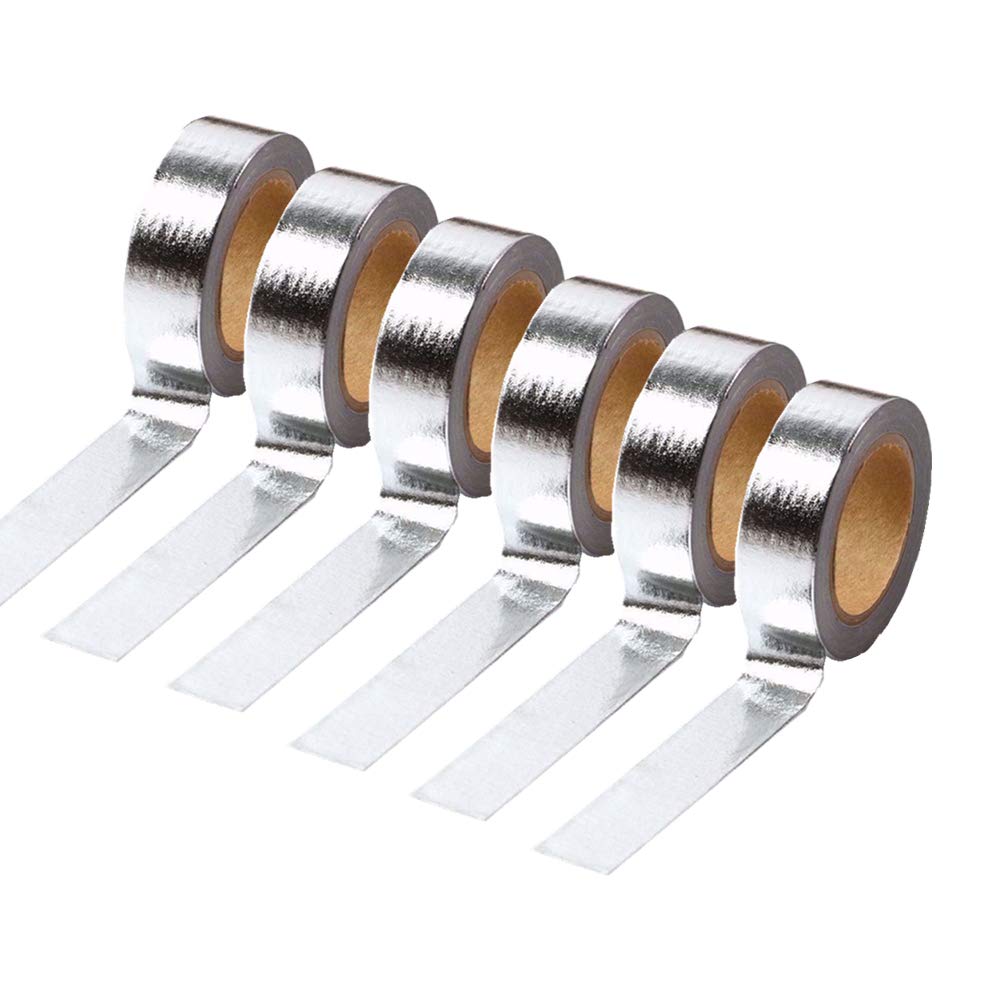 MEI YI TIAN 6 Rolls Solid Silver Foil Washi Tape Set 15mm Width 10m Length Glitter Paper Adhesive