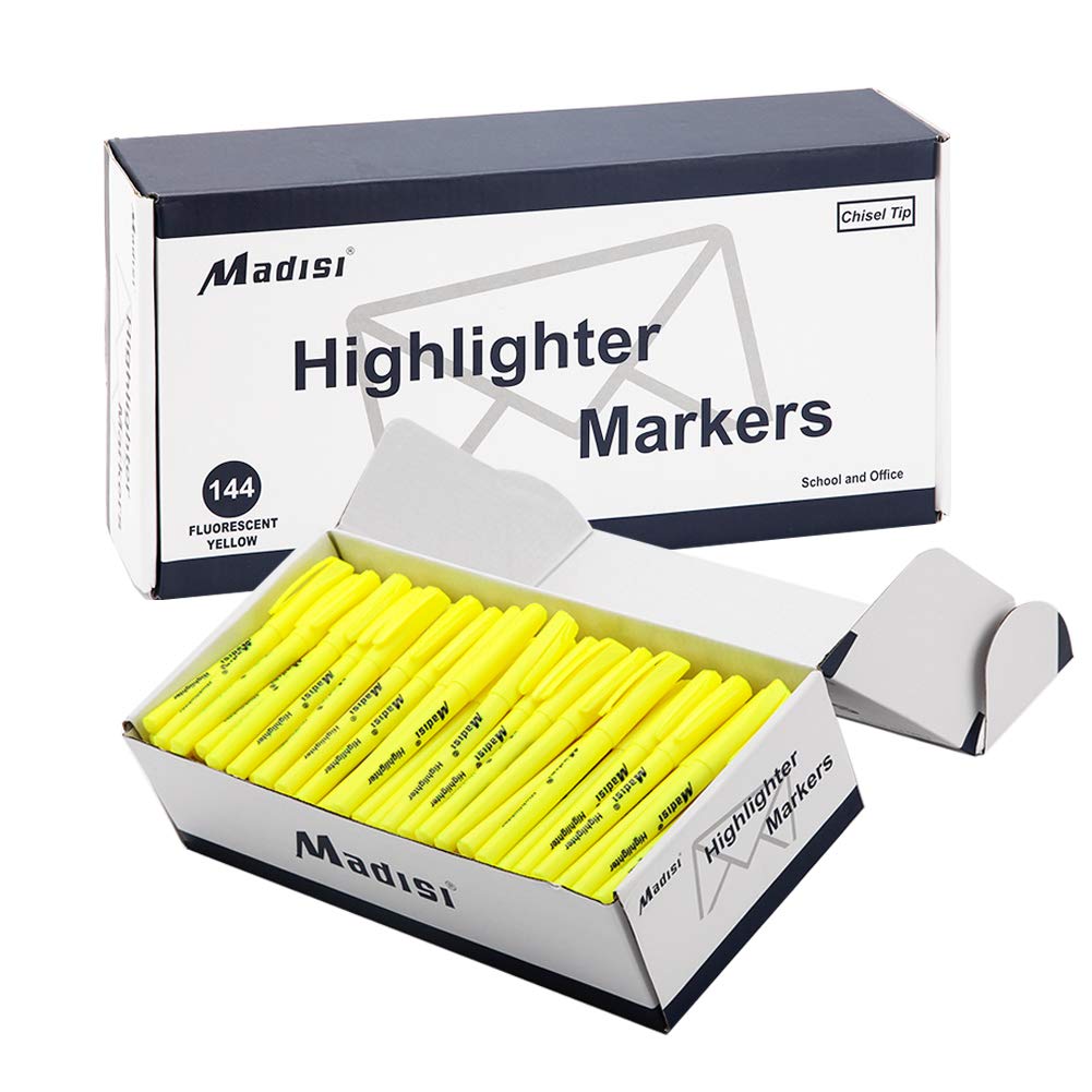 Madisi Highlighters Bulk, Chisel Tip, Fluorescent Yellow, 144-Count