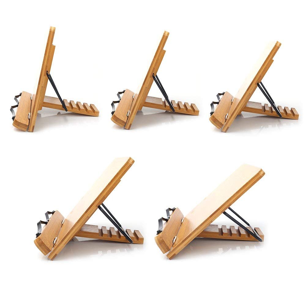 wishacc Bamboo Book Stand, Adjustable Book Holder Tray and Page Paper Clips-Cookbook Reading Desk