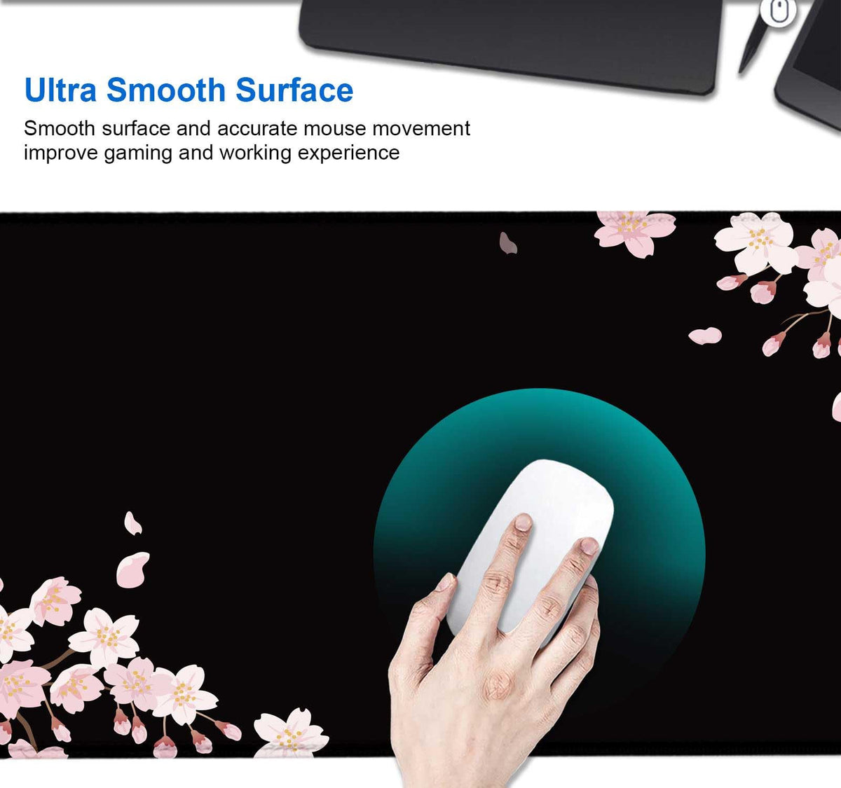 IMAYONDIA Sakura Japanese Desk Mat, Cherry Blossom Large Gaming Mouse Pad, Black Elegant Floral