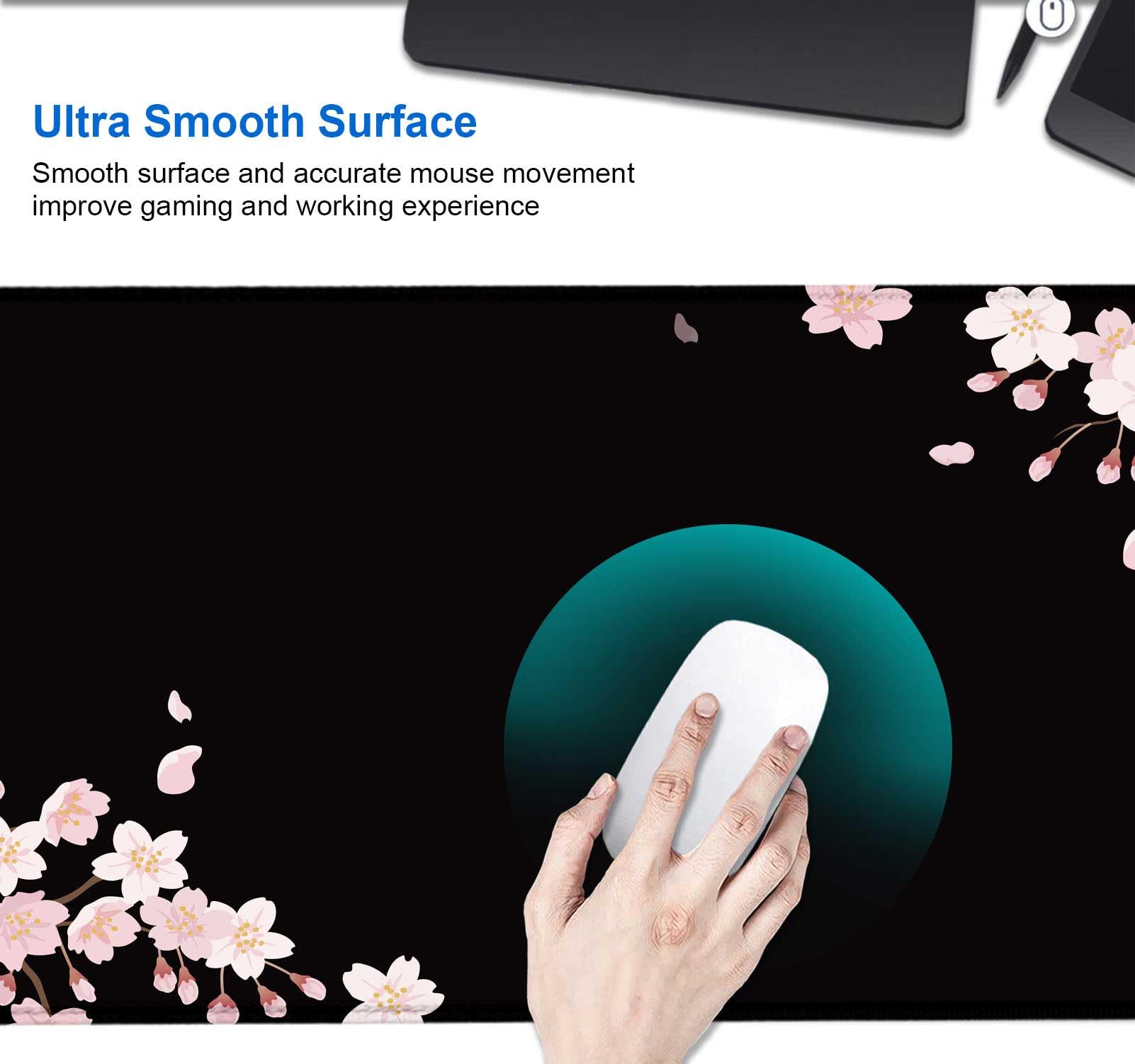 IMAYONDIA Sakura Japanese Desk Mat, Cherry Blossom Large Gaming Mouse Pad, Black Elegant Floral