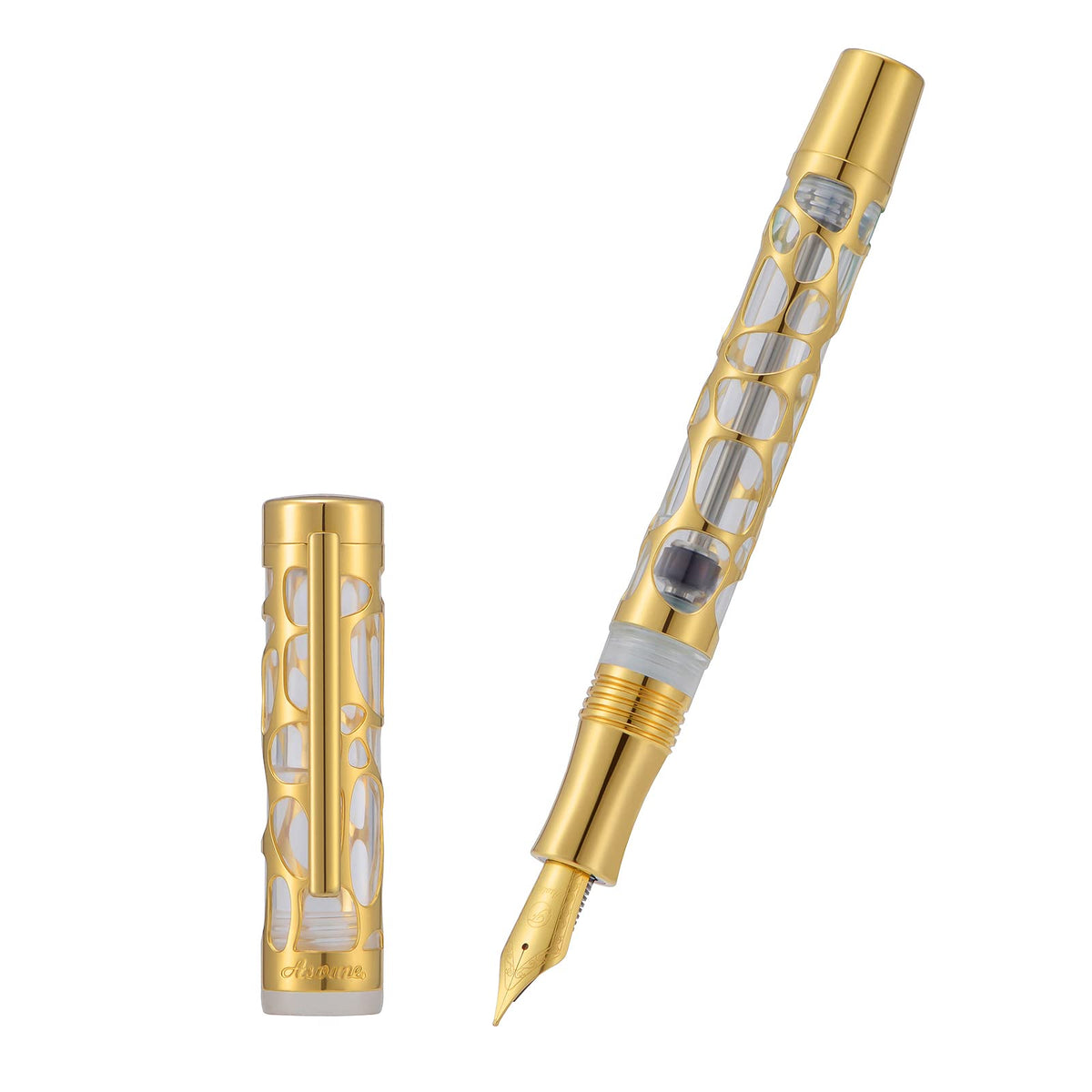 Asvine V169 Vacuum Filling Fountain Pen Fine Nib, Water Drop Skeleton Gold Trim Transparent Clear