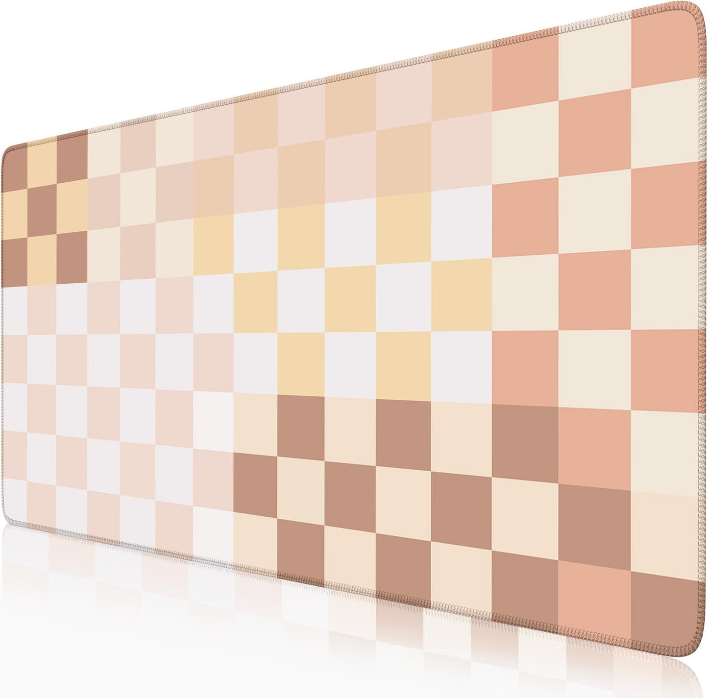 Checkered Boho Desk Mat Beige Pink Mouse Pad XXL Pastel Retro Large Mouse Pad with Stitched Edges